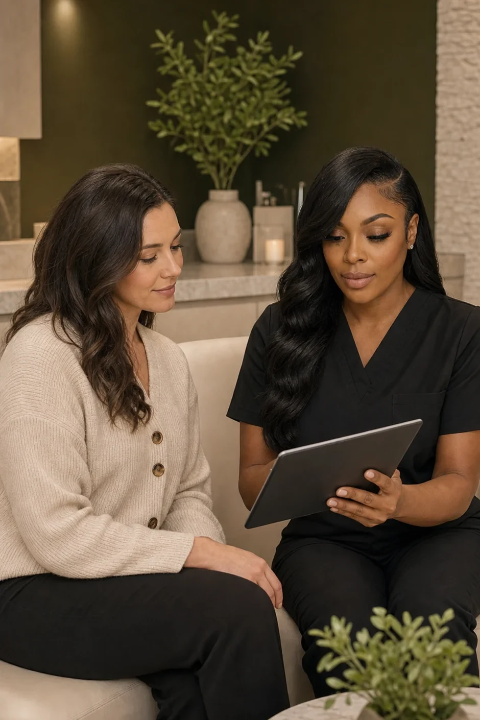 Sculptaura consultation in an olive-toned medspa suite