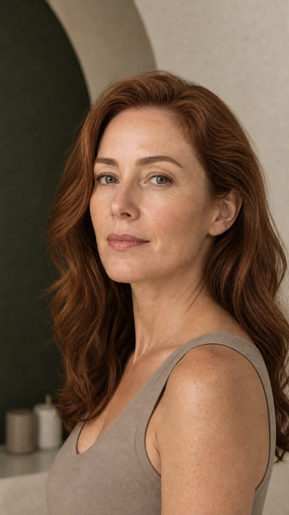 White woman with auburn hair and natural, healthy-looking skin